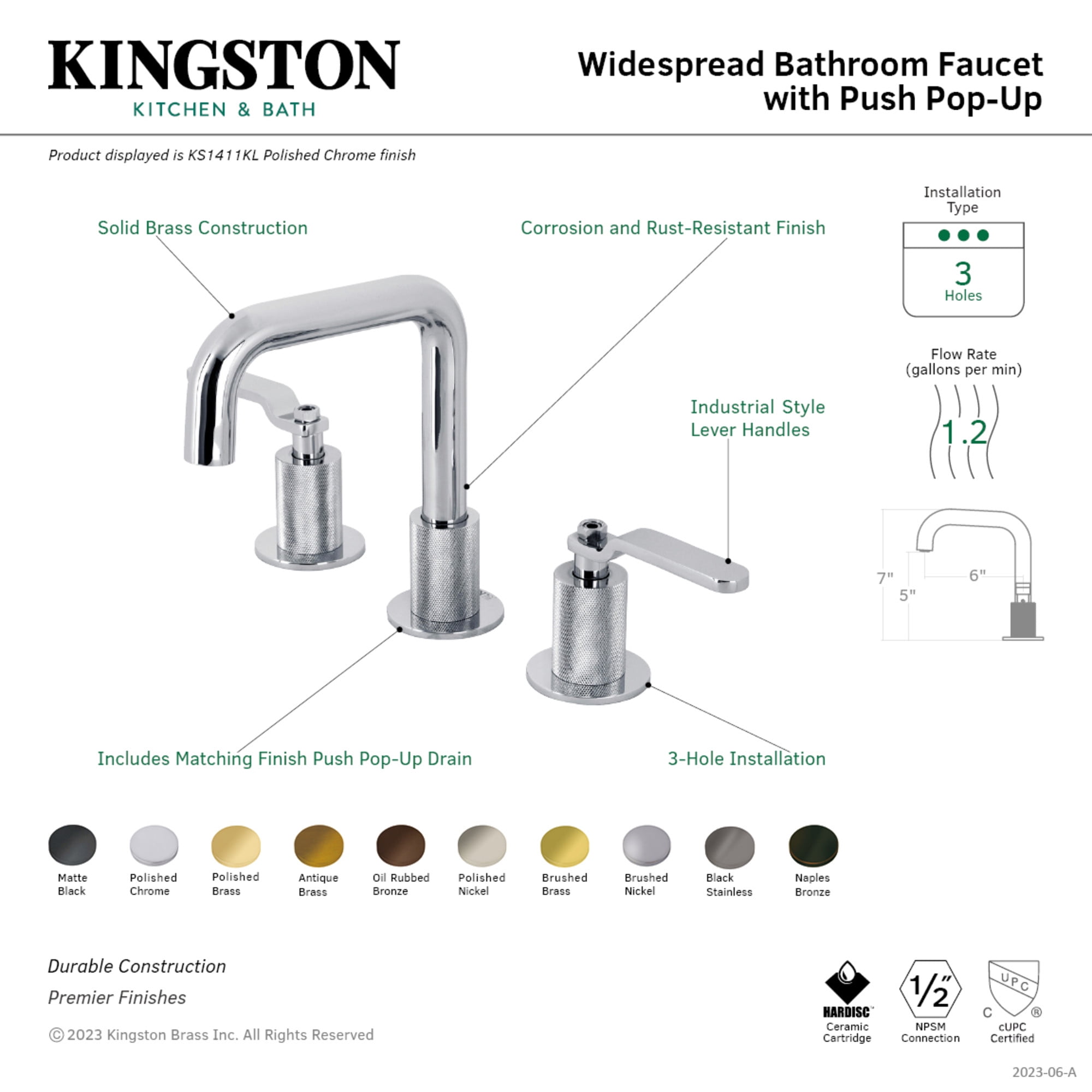 Kingston Brass KS1417KL Whitaker Widespread Bathroom Faucet with Push Pop-Up Drain, Brushed Brass