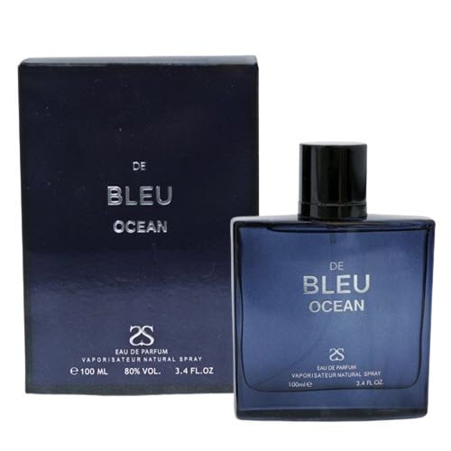 Symphony De Bleu Ocean EDP For Him 100ml / 3.4oz, a men's cologne in a deep blue rectangular bottle with bold white text and a black cap. The packaging matches the bottle's sleek design, emphasizing its masculine and adventurous appeal.