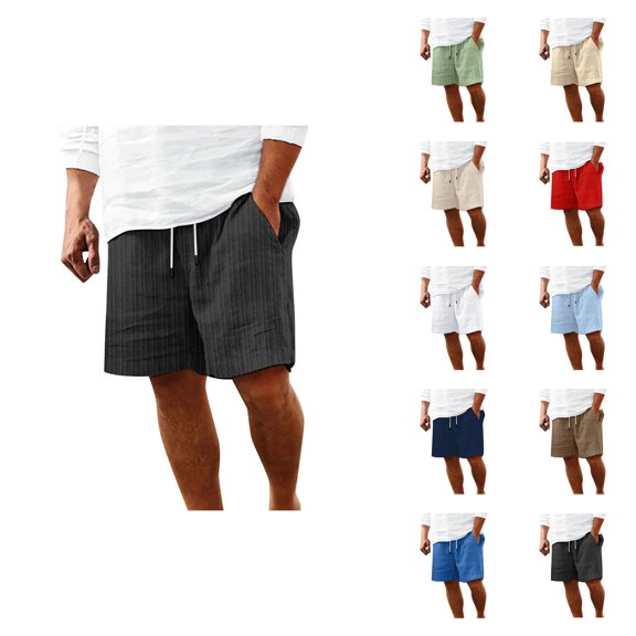 Linen Shorts for Men Summer Elastic Waist Loose Fit Straight Leg Knee Length Casual Beach Shorts with Pockets