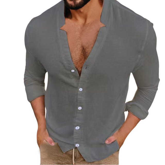 Camisas Vaqueras Para Hombre Manga Corta Camisa de manga larga de color sólido con cuello en V informal ligeramente vestido para hombre (Grey, S)