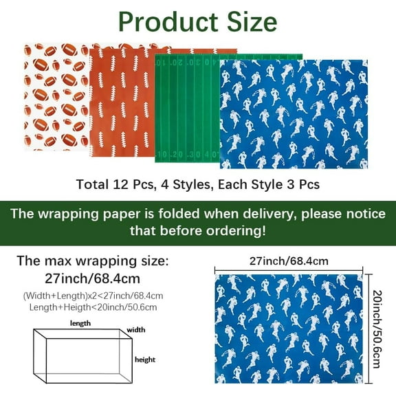 12Pcs 4 Styles Football Wrapping Paper Sheets Rugby Gift Wrap Paper Roll Sports Ball DIY Craft Art Paper Folded Flat for Birthday Party Christmas Supplies Gift Packing 27 x 20 inch