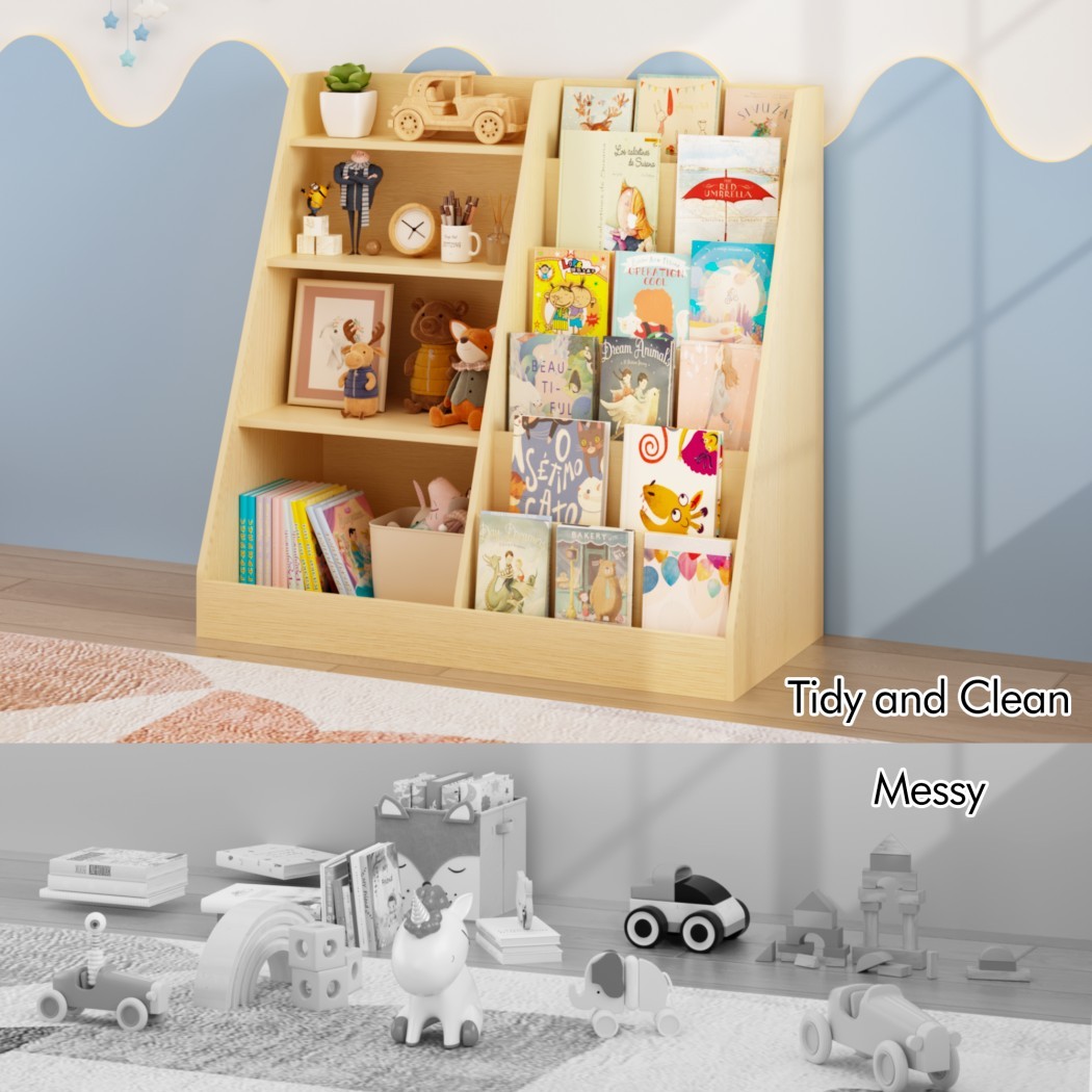 4-Tier Kids Bookshelf and Toy Storage Organizer, Wooden Children's Bookcase with Multi-Level Shelves & Toy Bin, Book Display Stand for Kids Room, Playroom & Nursery, Natural