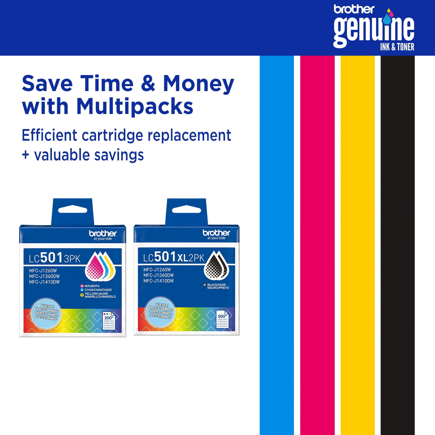Brother Genuine LC501XL3PK 3-Pack High Yield Cyan, Magenta, and Yellow Ink Cartridges