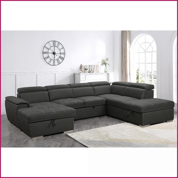 Modern 7-Seater U-Shaped Sectional Sofa with Adjustable Headrest, Storage & Pull-Out Bed – Polyester Fabric | Grey | Solid Wood | Upholstered