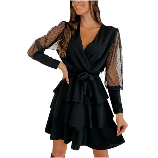Vestido hasta la rodilla de manga larga con retazos de malla y escote en V sexy para mujer Fridja NMB4914