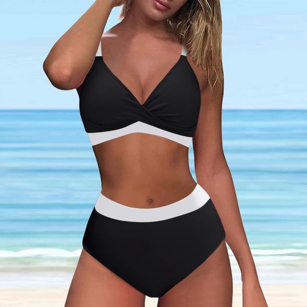 Bikini Mujer Traje de Baño Conjunto de Bikini de Cintura Alta Para Mujer, Traje de Baño de Dos Piezas Con Cuello En V y Bloques de Color, Tankini Con Parte Superior E Inferior.