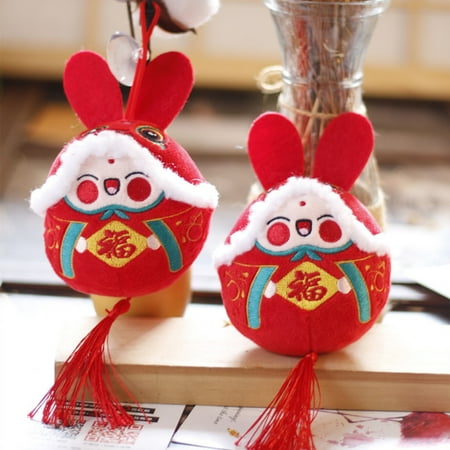 

OPOLSKI Long Ears Cute Expression Chinese Folk Traditional Elements Tassel Rabbit Plush Doll with Lanyard Festive Rabbit New Year Cartoon Plush Mascot Doll Pendant New Year Gift