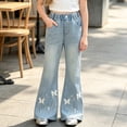 thumbnail image 4 of Spazoro Girls Denim Flare Pants with Pockets, Stretchy Butterfly Print . Loose Fit Elastic Waist Retro Bell Bottom Trousers for Daily Wear Blue Size 4-5T, 4 of 9