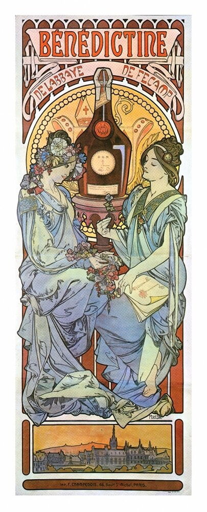 Two Art Nouveau Woman Enjoy Benedictine Alfons Maria Mucha Often