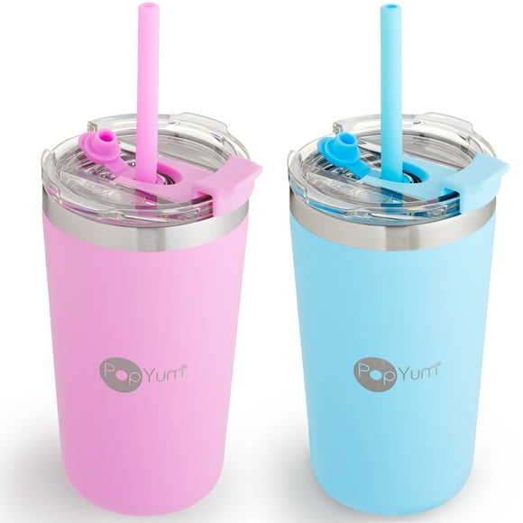 PopYum Set De 2 Vasos Térmicos Infantiles De Acero Inoxidable Anti Derrame Con Tapa Y Popote 13oz Rosa y Azul