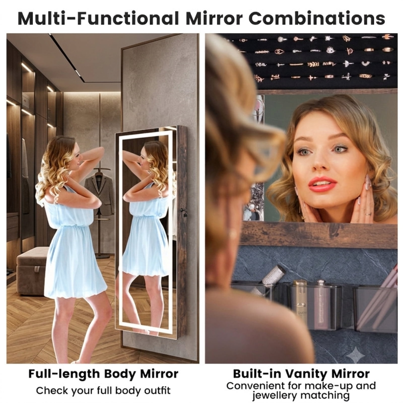 Furnibear Mirrored Jewelry Armoire with Full Length Mirror and 2 Internal LED Lights for Bedroom Dressing Room Jewelry Necklace Rings, Rustic Brown