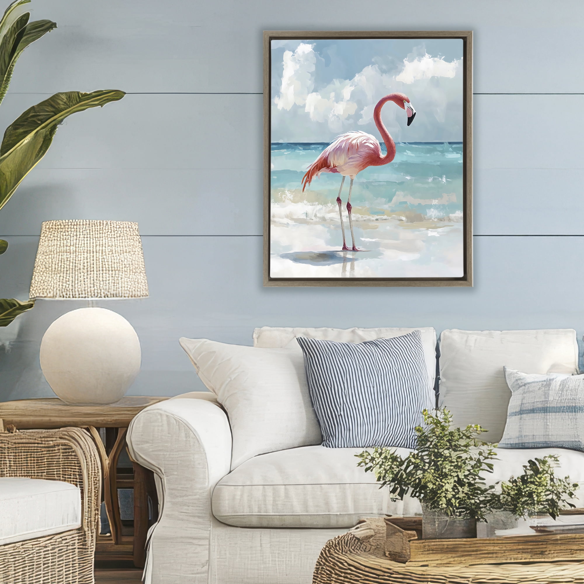 Stupell Industries Flamingo At Shore Brown Framed Floater Canvas Wall Art, design by The Prints Vibe