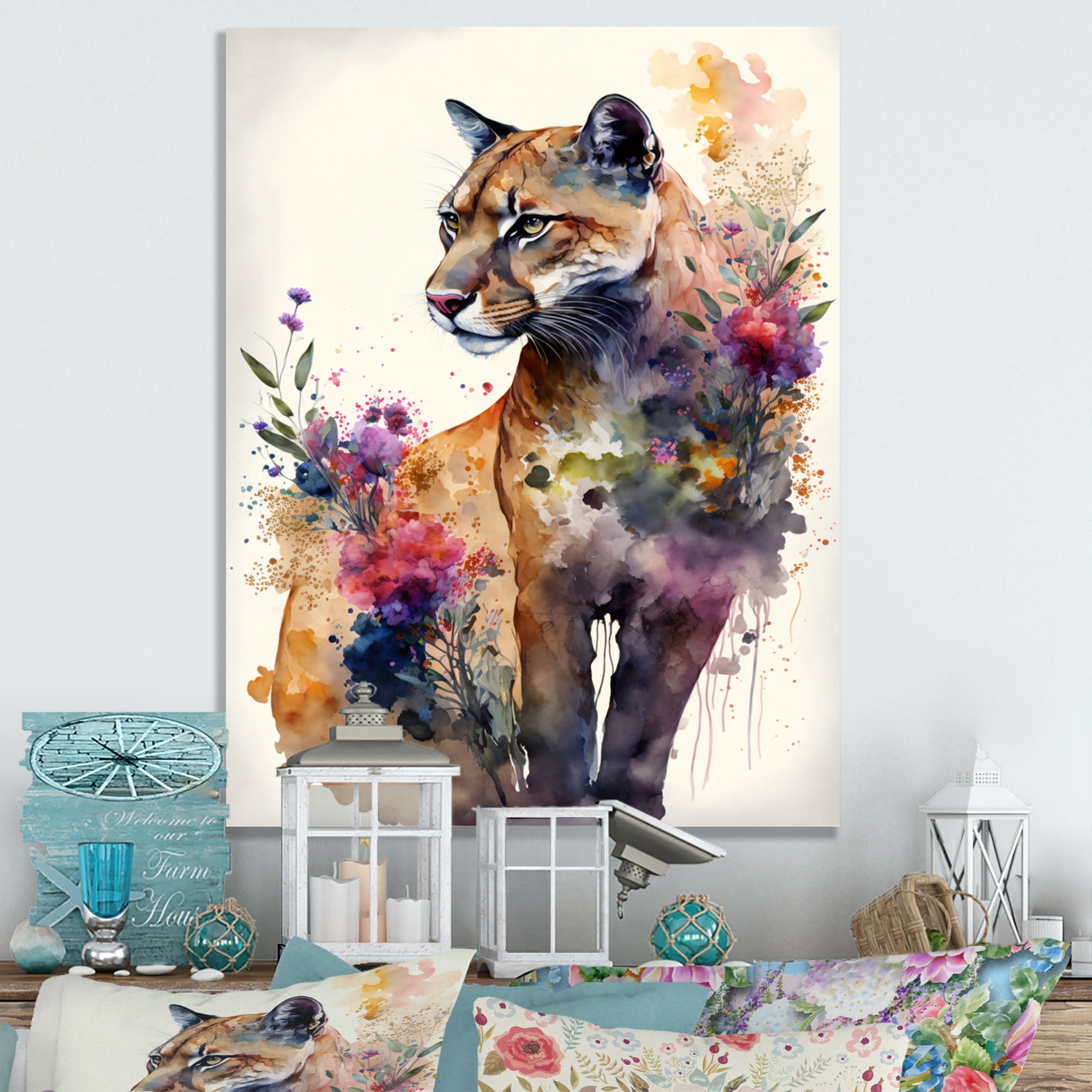 Designart Cute Puma Floral Art IV Canvas Wall Art