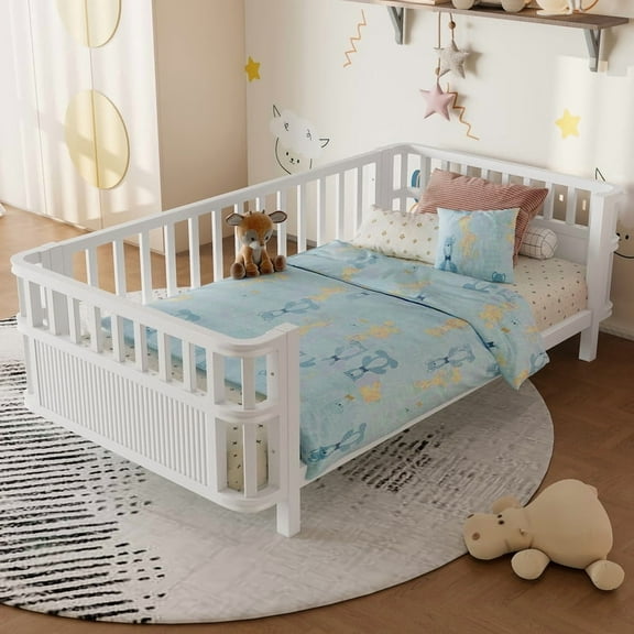 Bellemave Twin Size Montessori Bed with Fence, Metal Low Platform Bed Frame with Detachable Side Bed Rails and Rounded Corner Design, Multiple Usage Methods Bed, No Box Spring Needed（White)