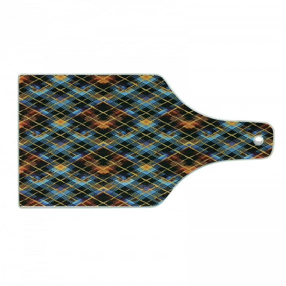Plaid Cutting Board, Contemporary Design of Geometrical Diagonal Tartan Pattern with Intersecting Lines, Tempered Glass Cutting and Serving Board, Wine Bottle Shape, Multicolor, by Ambesonne