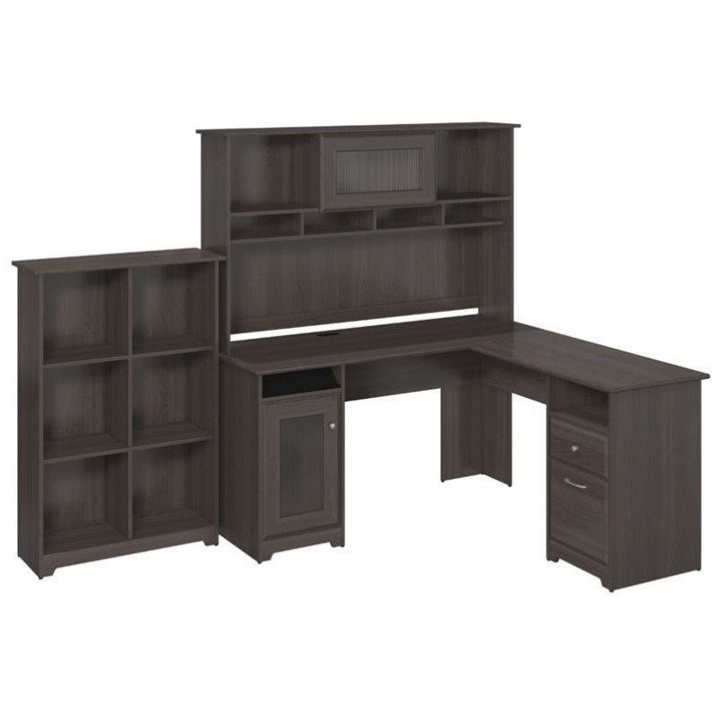 Pemberly Row 60 L Shape Desk With Hutch And 6 Shelf Bookcase In Pemberly Row 60 L Shape Desk With Hutch And 6 Shelf Bookcase In Heather Gray
