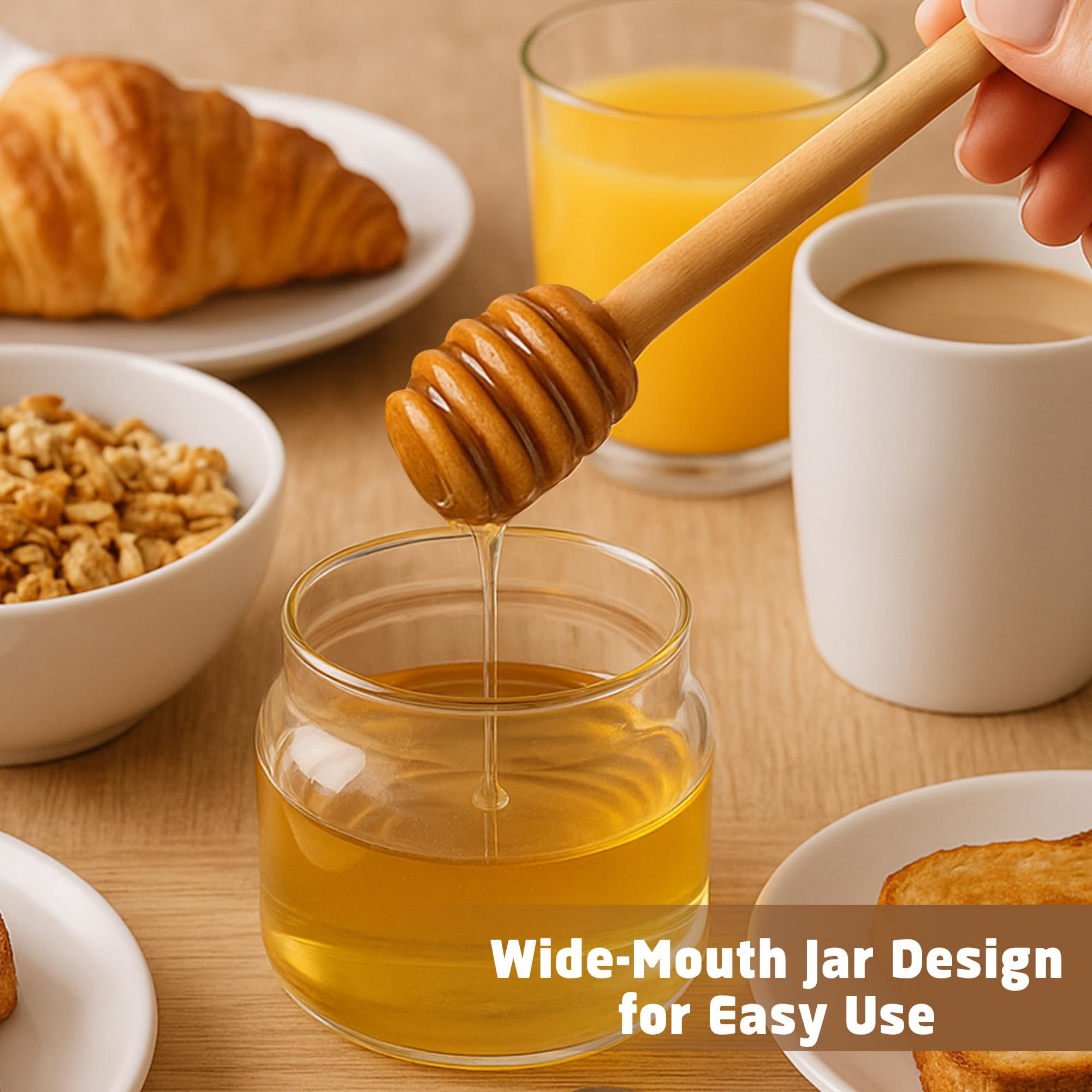 Honey Pot with Dipper and Lid - 18oz Glass Honey Jar with Wooden Honey Dippers Stick Set, Wide Mouth Honey Containers - Airtight Syrup Dispenser for Home Kitchen
