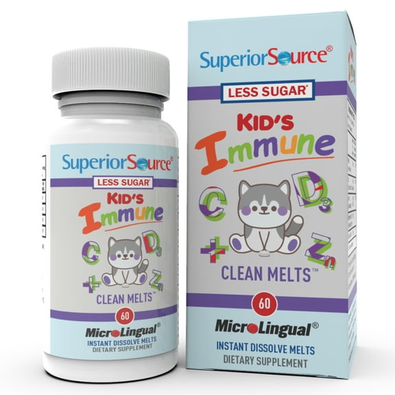 Superior Source Kid’s Immune, Clean Melts, Quick Dissolve MicroLingual Tablets, 60 Ct, Alternative to Gummies, Zinc (2 mg), Vitamin C (30 mg), D3 (400 IU), Elderberry Extract, Non-GMO