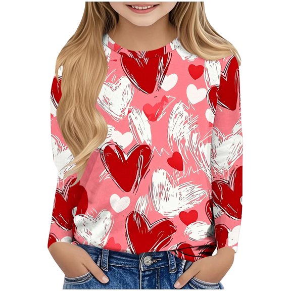 Avrntaa Spring Long Sleeve Top for Girls - Valentine Heart Print Tee, Cute Casual Graphic Blouse, Loose Trendy
