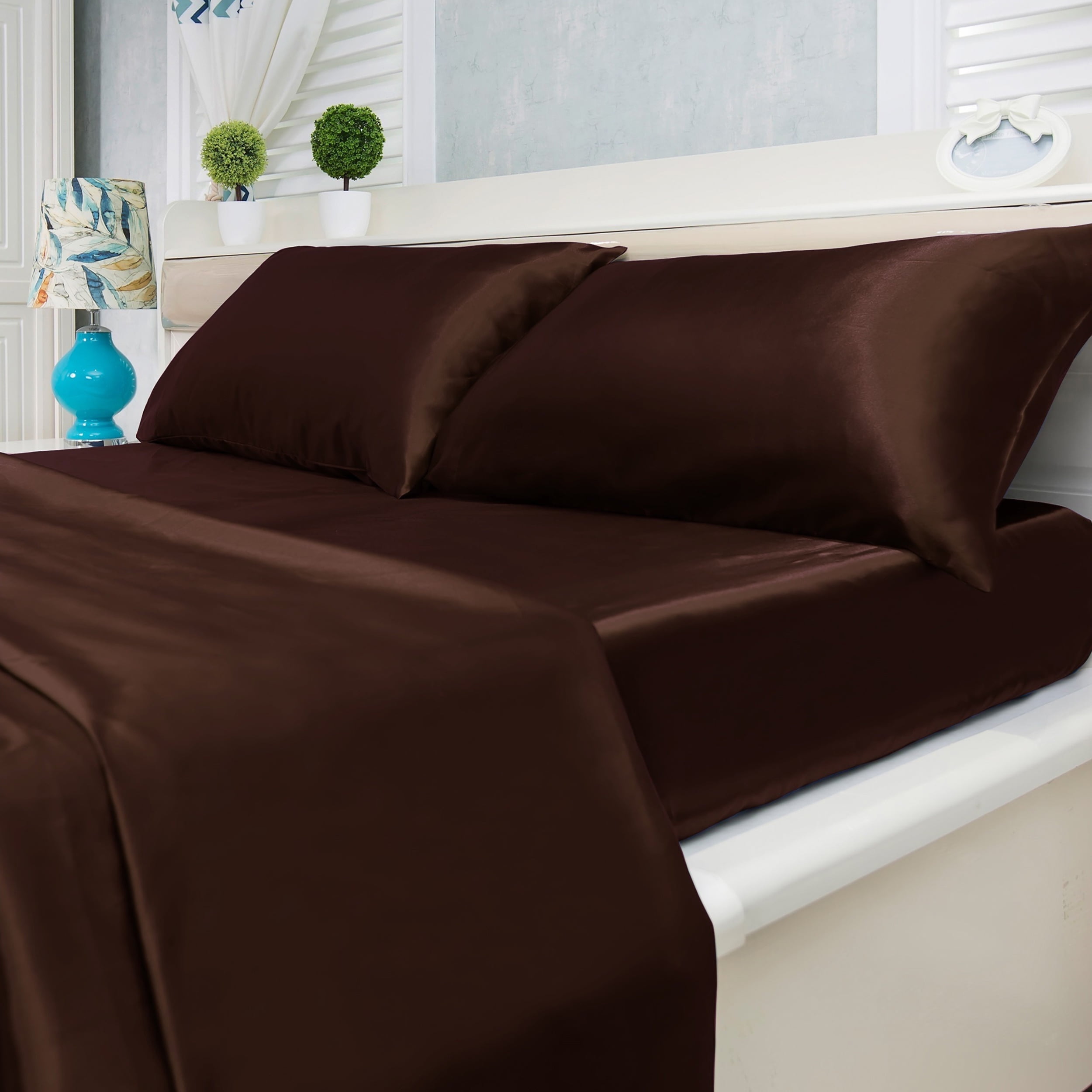 Luxury Home 4-Piece 90 GSM Winter Brown Solid Print Polyester Bed Sheet Sets, Queen – Hypoallergenic