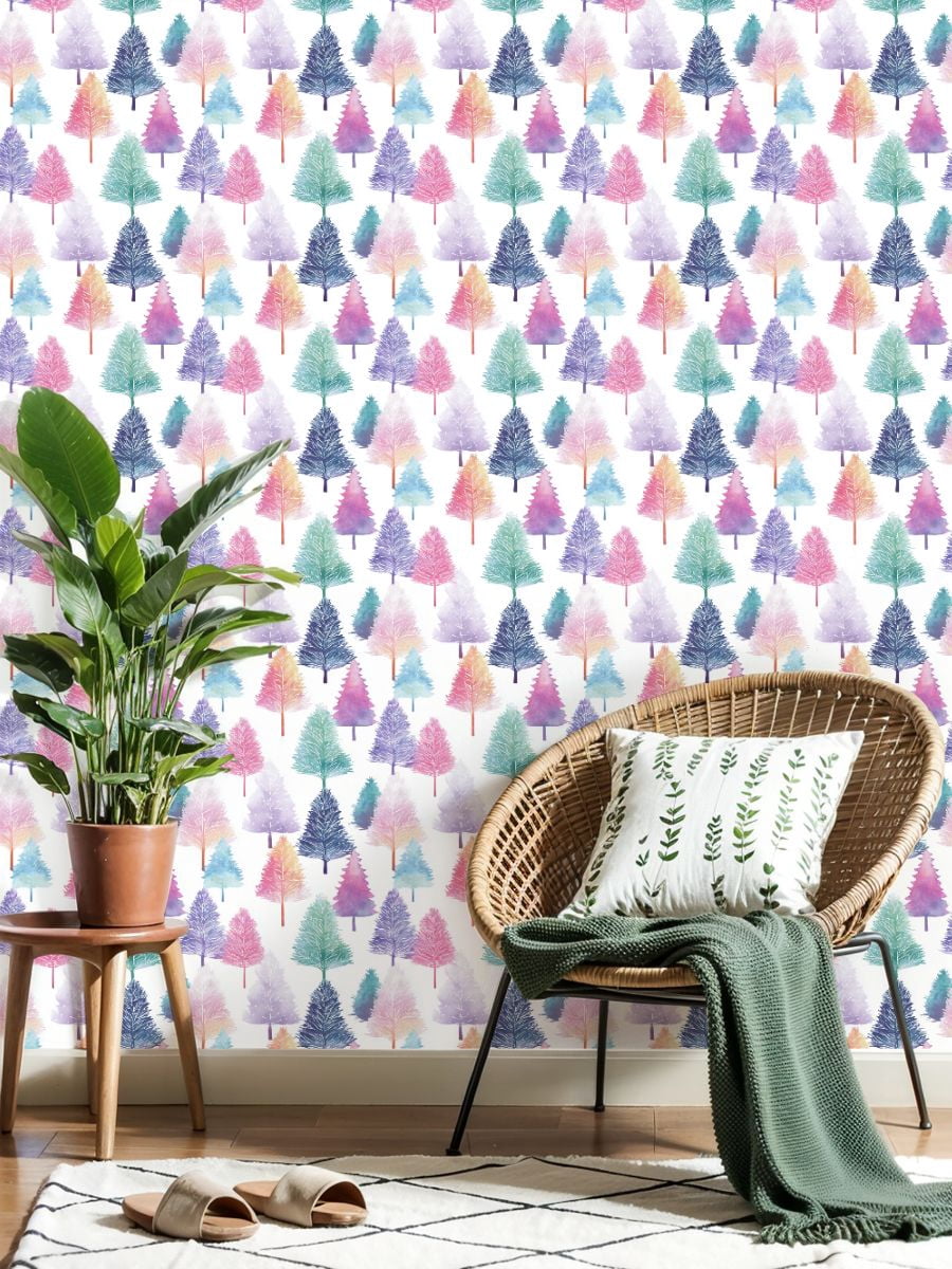 Peel and Stick Wallpaper 23.6in x 9.8ft Watercolor Pastel Trees Seamless Whimsical Contact Paper Vinyl Waterproof Self Adhesive Wall Paper for Bedroom Shelf Cabinet Renter Friendly