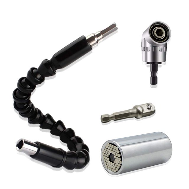 Aleko VEINARDYL Juego de llaves de tubo universales de 3 piezas 7-19 mm, adaptador de empuñadura de ángulo recto de 105 grados, vástago hexagonal de 6,35 mm, extensión flexible de 30 cm ACTIVE Biensenido a ACTIVE