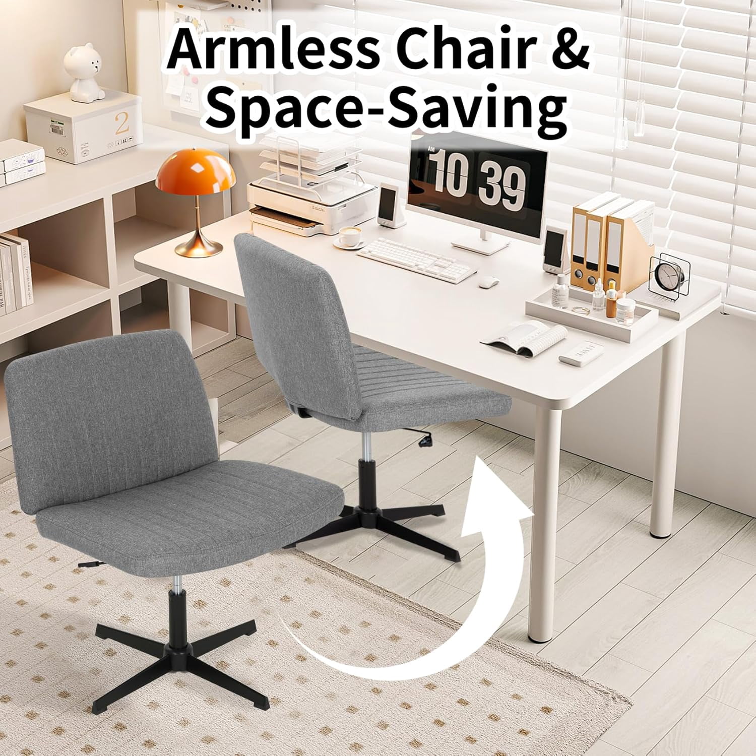 XF XINFENG Criss Cross Task Chair Armless No Wheels Modern Swivel Height Adjustable 250lb Capacity  Ergonomic Desk With Wide Seat Back Computer Vanity Home Office Chairs, Grey