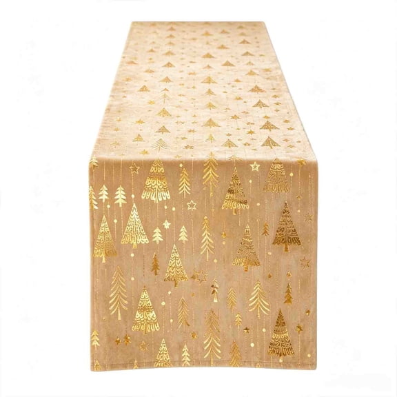 SLYNSHome Christmas Table Runner, 28x275 cm Gold Foil Christmas Tree Print, Holiday Party Table Flag for Xmas Dinner Home Kitchen Dining Room Decoration