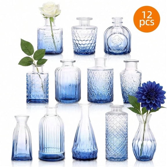 GNWZCUYSNS 12 Pack Colorful Glass Bud Vases, Small Colored Vintage Vases for Centerpieces, Decorative Flower Vases for Wedding Home Table Decor, Spring Day Decor, Mother's Day Decor-Gradient Blue