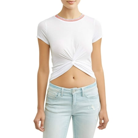 - Juniors' Twist Front Short Sleeve Contrast Ringer Tee