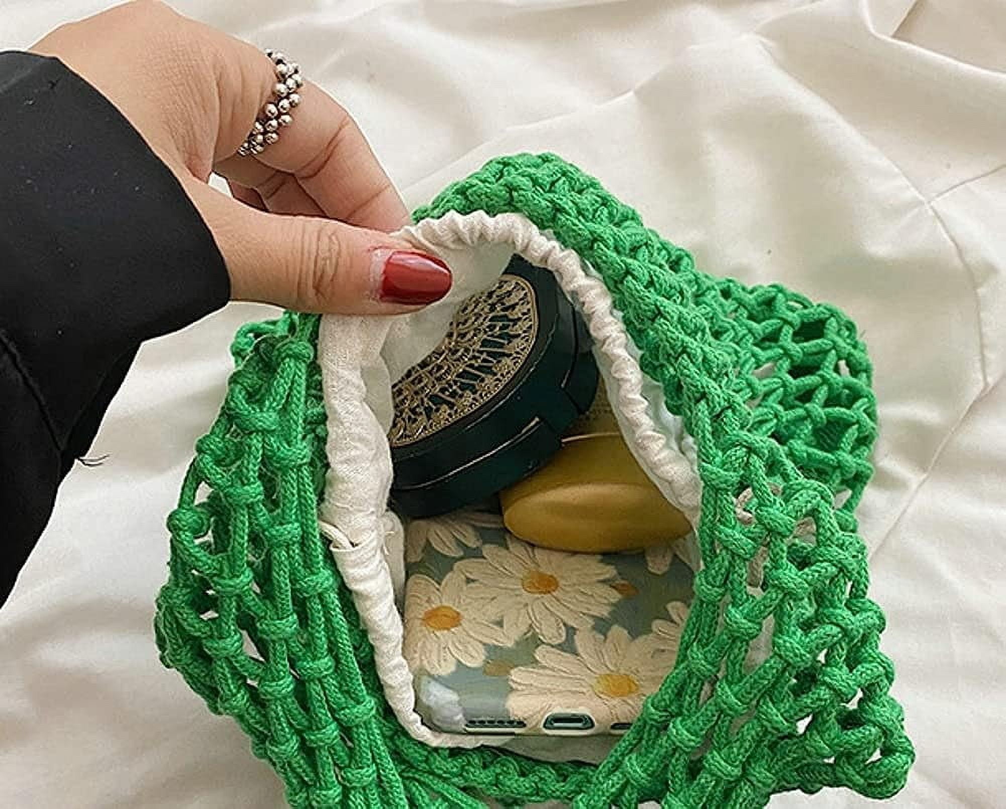 Kukuzhu Women Small Crochet Tote Handbag Cotton Top Handle Bag Summer Mesh Beach Bag Drawstring Fishing Net Bag Clutch Handbag
