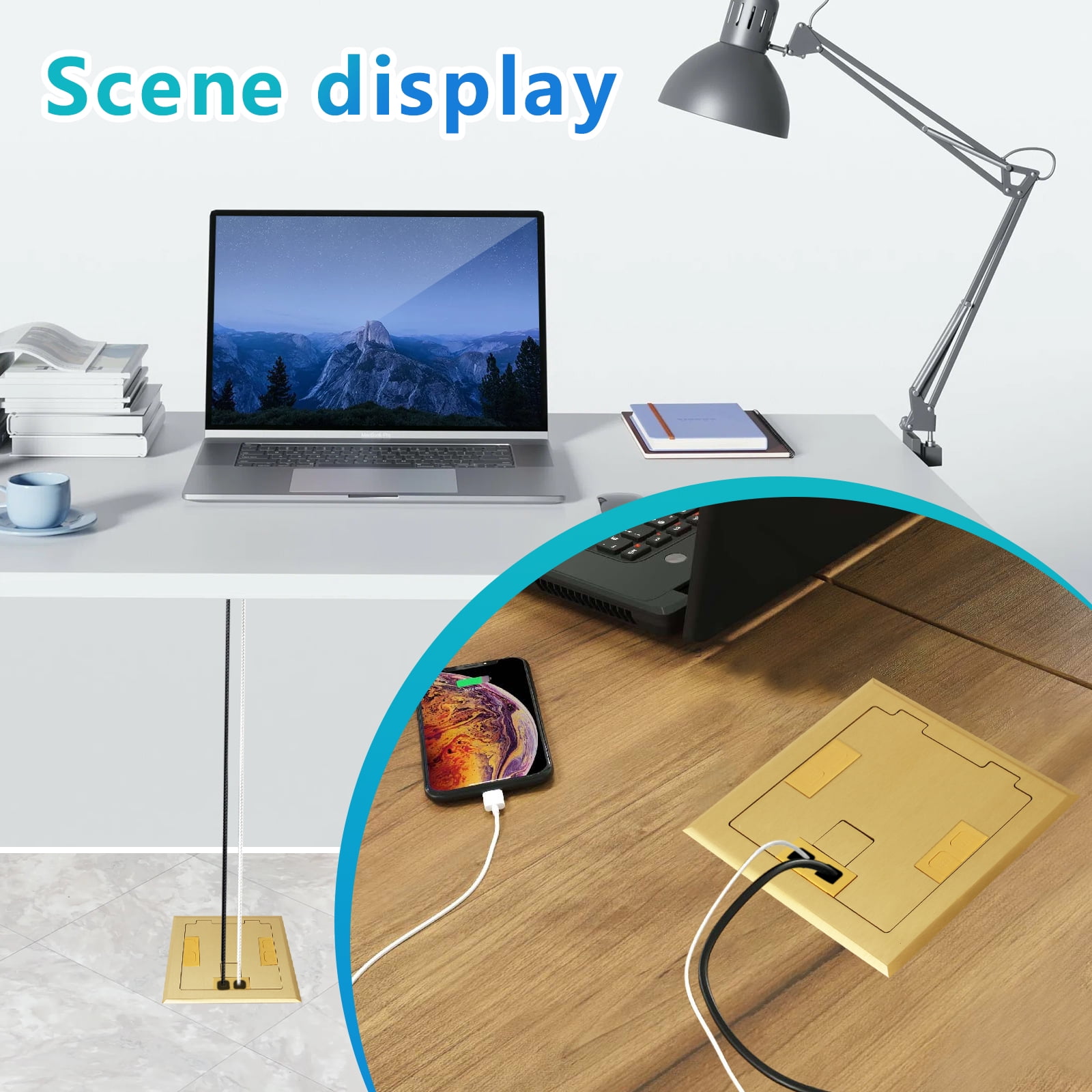 KYHSHJ Recessed Flat Hidden Socket Kit with 2 * 15A Receptacle，4.8A 1 USB-A Ports &1 USB-C Port+3-Port RJ45 Datacom Receptacle. Internal Height Adjustable，Corrosive Resistant Hardware,Brass