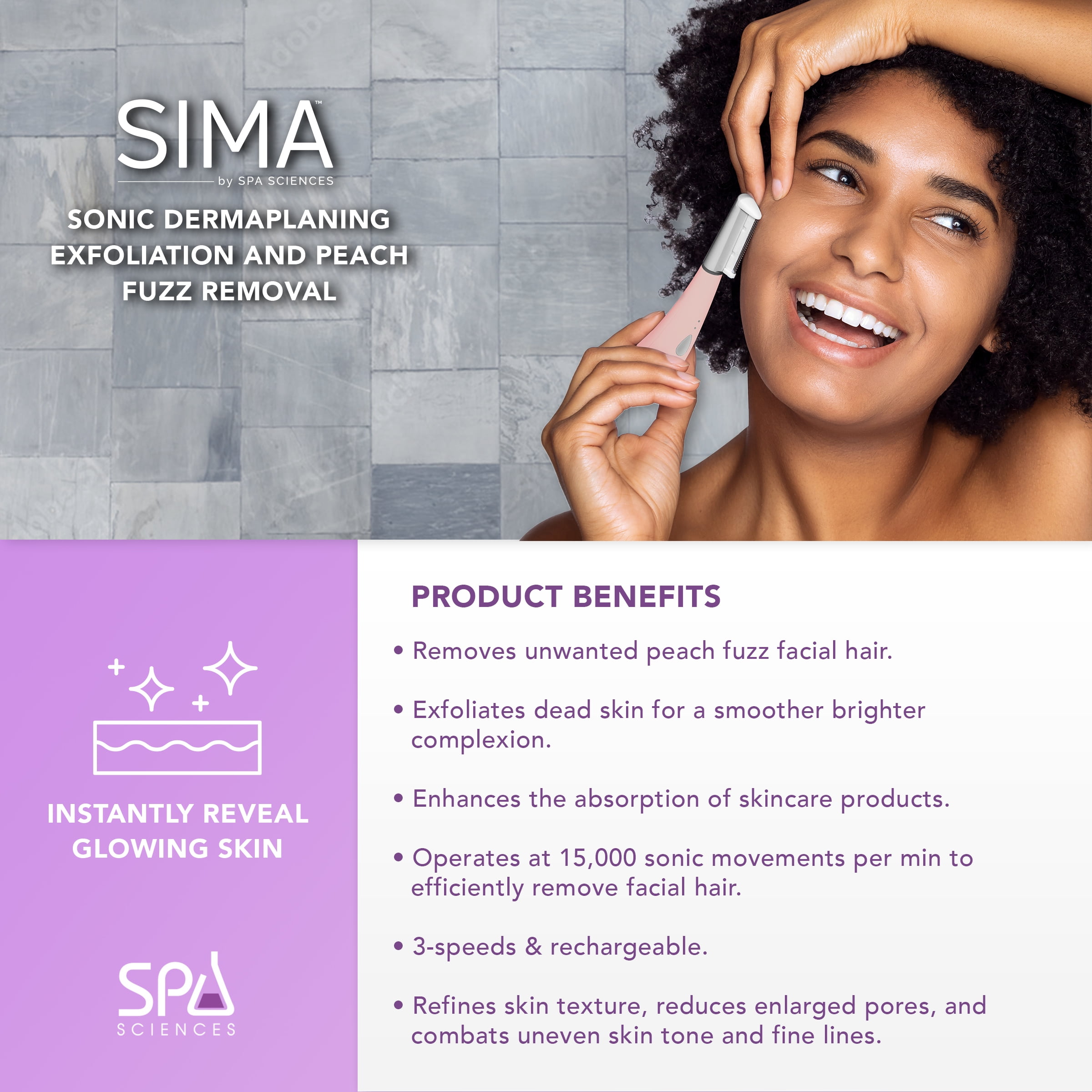 Spa Sciences SIMA Dermaplane Razor, 2 in 1 Exfoliation and Hair Removal, 3 Speed, Includes 7 Tips, Rechargeable, Pink, OS