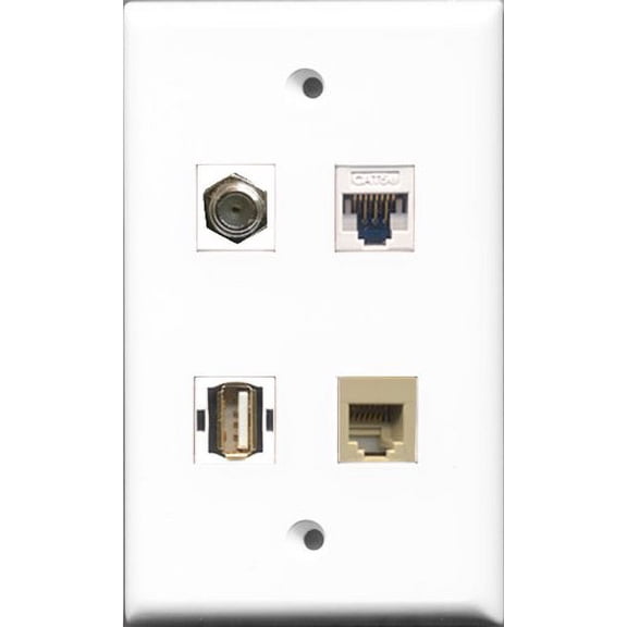 RiteAV 1 Port Coax Cable TV- F-Type and 1 Port USB A-A and 1 Port Phone RJ11 RJ12 Beige and 1 Port Cat5e Ethernet White Wall Plate