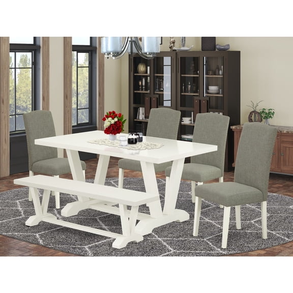 Contemporary 6-Piece Dining Set - Linen White TableDark Shitake Chairs - Kitchen Table with BenchStylish Design