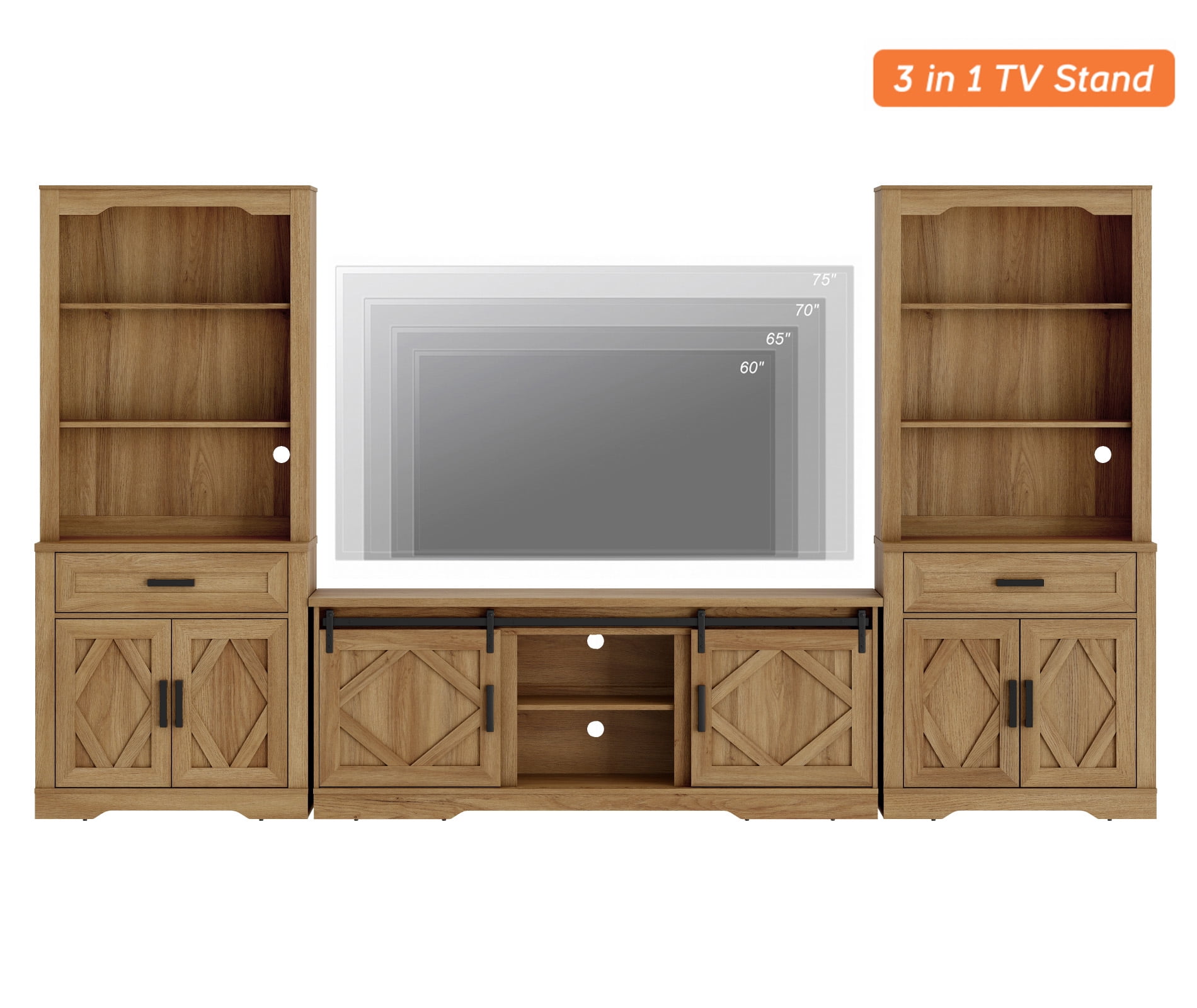 WAMPAT Farmhouse Entertainment Center with Bookshelf for TVs up to 75",Mid Century Modern TV Stand with 73"H Tall 5-Tier Bookcase with Open Storage and Barn Doors for Living Room,Bedroom,Walnut