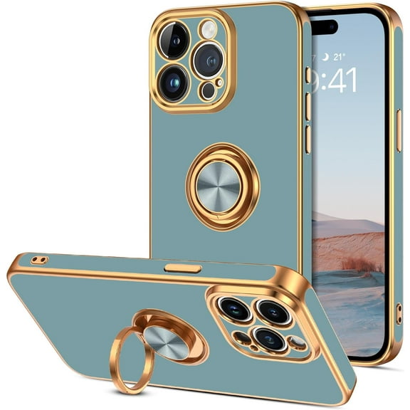 for iPhone 15 Pro Max Case, 15 Pro Max Case with 360° Ring Holder Kickstand Magnetic [Car Mount Support] Shockproof Anti-Slip Protective Electroplated Case for iPhone 15 Pro Max 6.7"-Grey