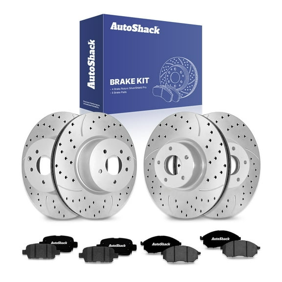 AutoShack Front & Rear Drilled & Slotted Brake Rotors Ceramic Brake Pads | Replacement for 2011 Nissan Murano 3.5L V6 AWD FWD | Silver Zinc Coated | 12-PC Brake Kit | SilverShield Pro