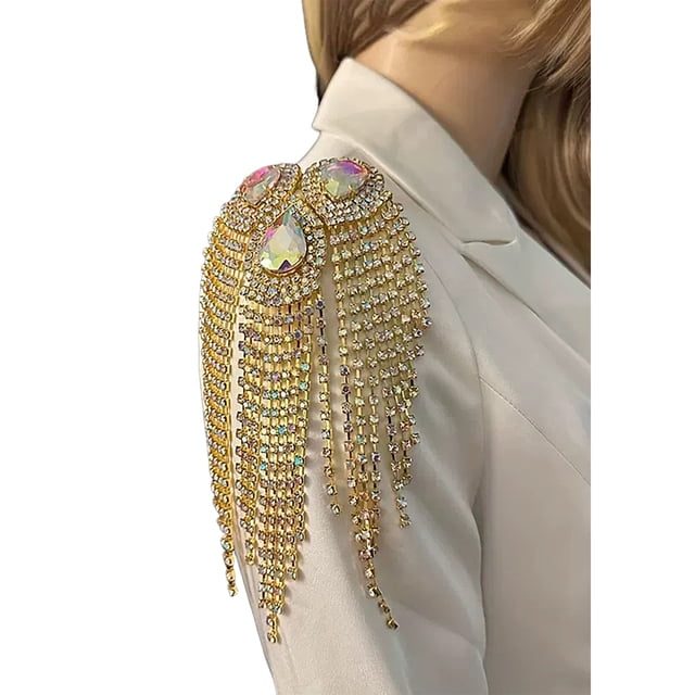 Hioecau Fringe Rhinestone Epaulette Waterdrop Shoulder Epaulette Sparkling Tassel Epaulet Accessory for Costume Party Stage Performance
