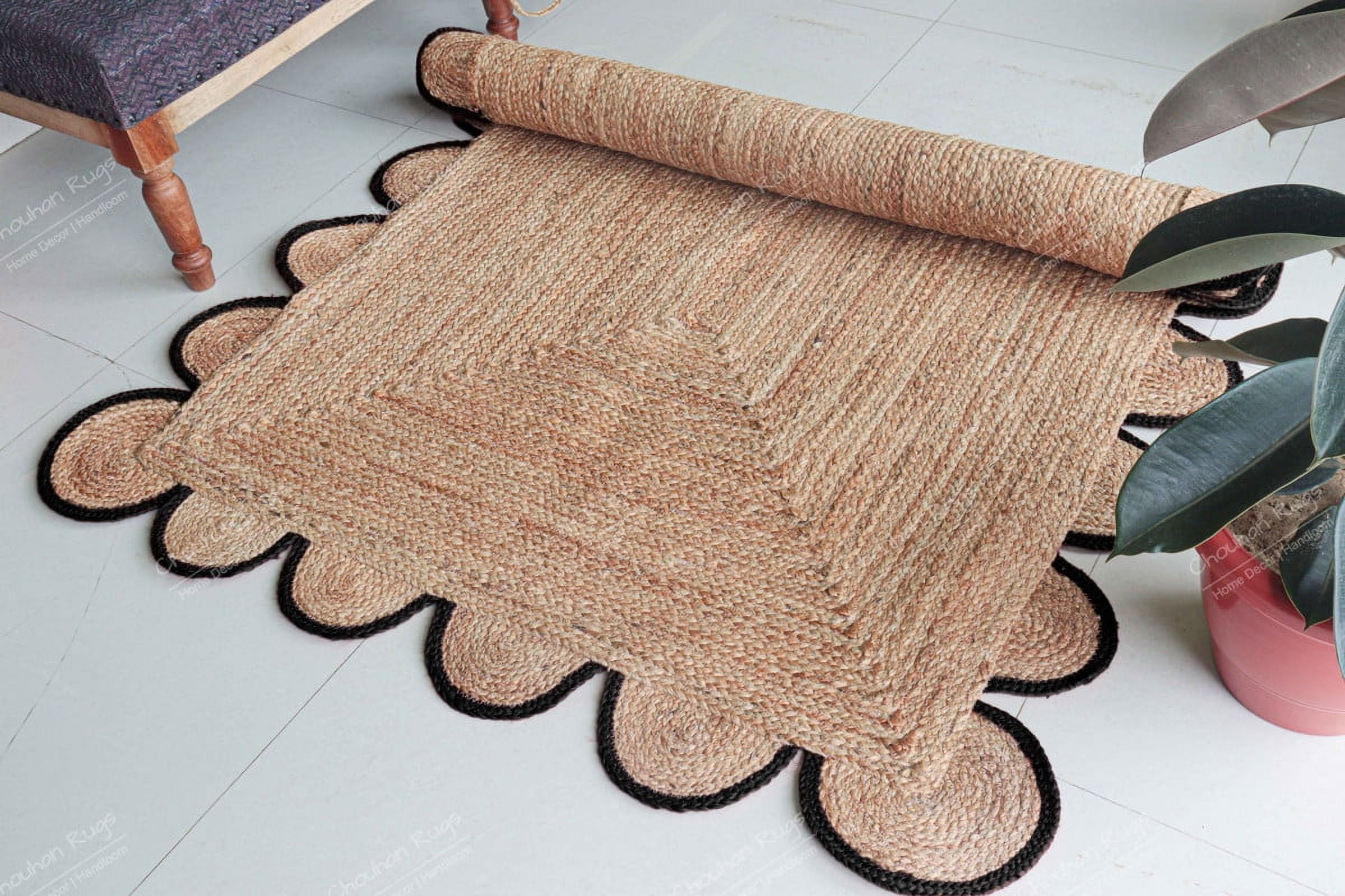 Chouhan Rugs Natural Jute Black Scalloped Rug Bohemian Rug Decor Rug Handwoven Rug Custom Rug Decorative Rug