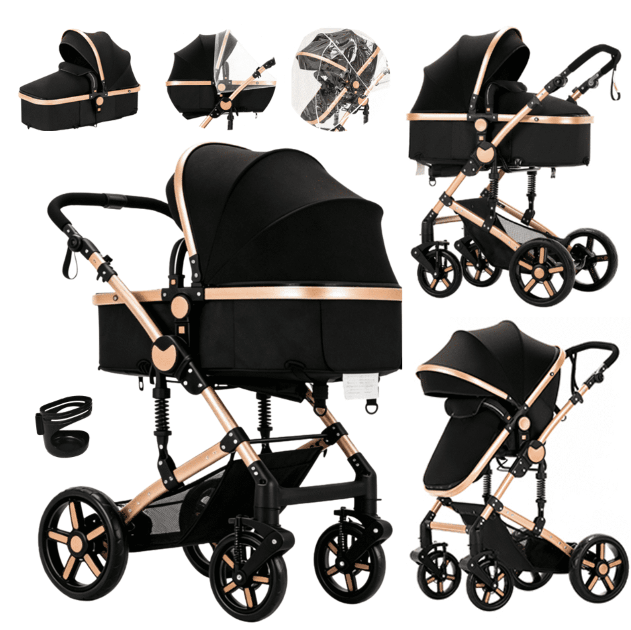 EaseBaby 2-in-1 Baby Stroller,Travel Pushchair, High-View Infant Carriage with Cup Holder, Mosquito Net for 0-36 Months,Unisex,Black Gold