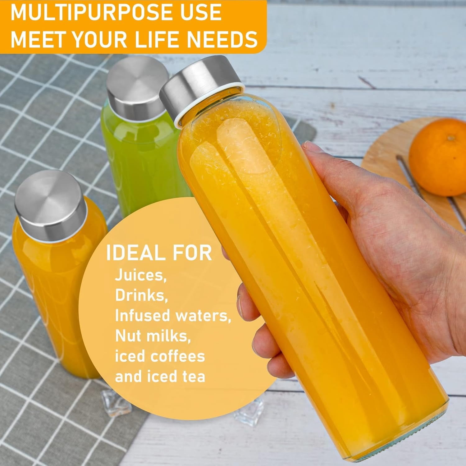 [12 Pack] 18 oz Glass Water Bottles with Lids, Juice Bottles, Clear glass juice bottle for juicing, Eco-Friendly Reusable Glass Juicing Bottles with Stainless Steel Lid, Free,Leak-Proof