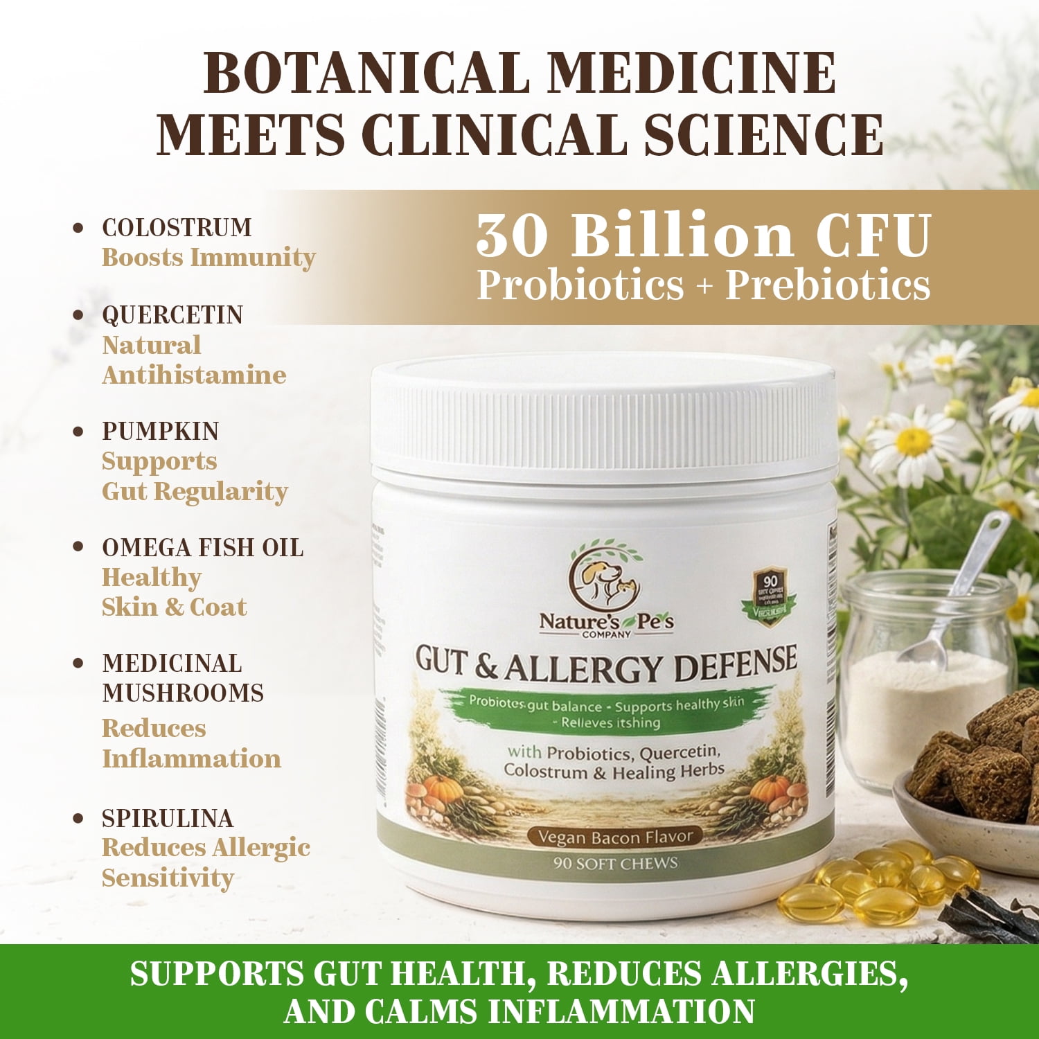 Gut & Allergy Defense Dog Chews, 30B CFU Probiotics +QUERCETIN, SPIRULINA, COLOSTRUM, Medicinal MUSHROOMS, Pumpkin, Turmeric  90 chews, Vegan Bacon Flavor