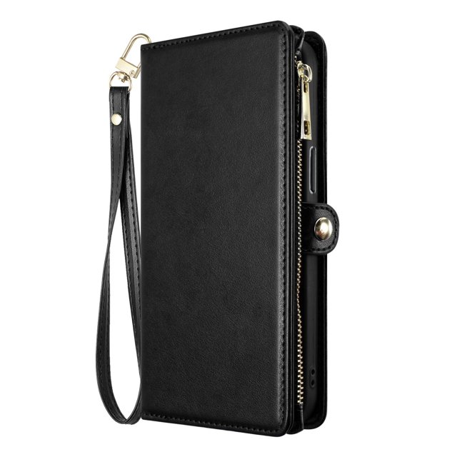 Leather Wallet Flip Cover for iPhone 15 Pro Max, Multiple Card Slots, Coin Pocket, Zippered Pouch Bag, Removable Wristlet, RFID Blocking Flip Cover