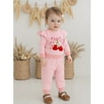 thumbnail image 5 of Qmyliery Toddler Baby Girl Fall Outfits Goose/Bow Cherry Embroidered Striped Long Sleeve Tops with Pants 2 Pcs Set, 5 of 9