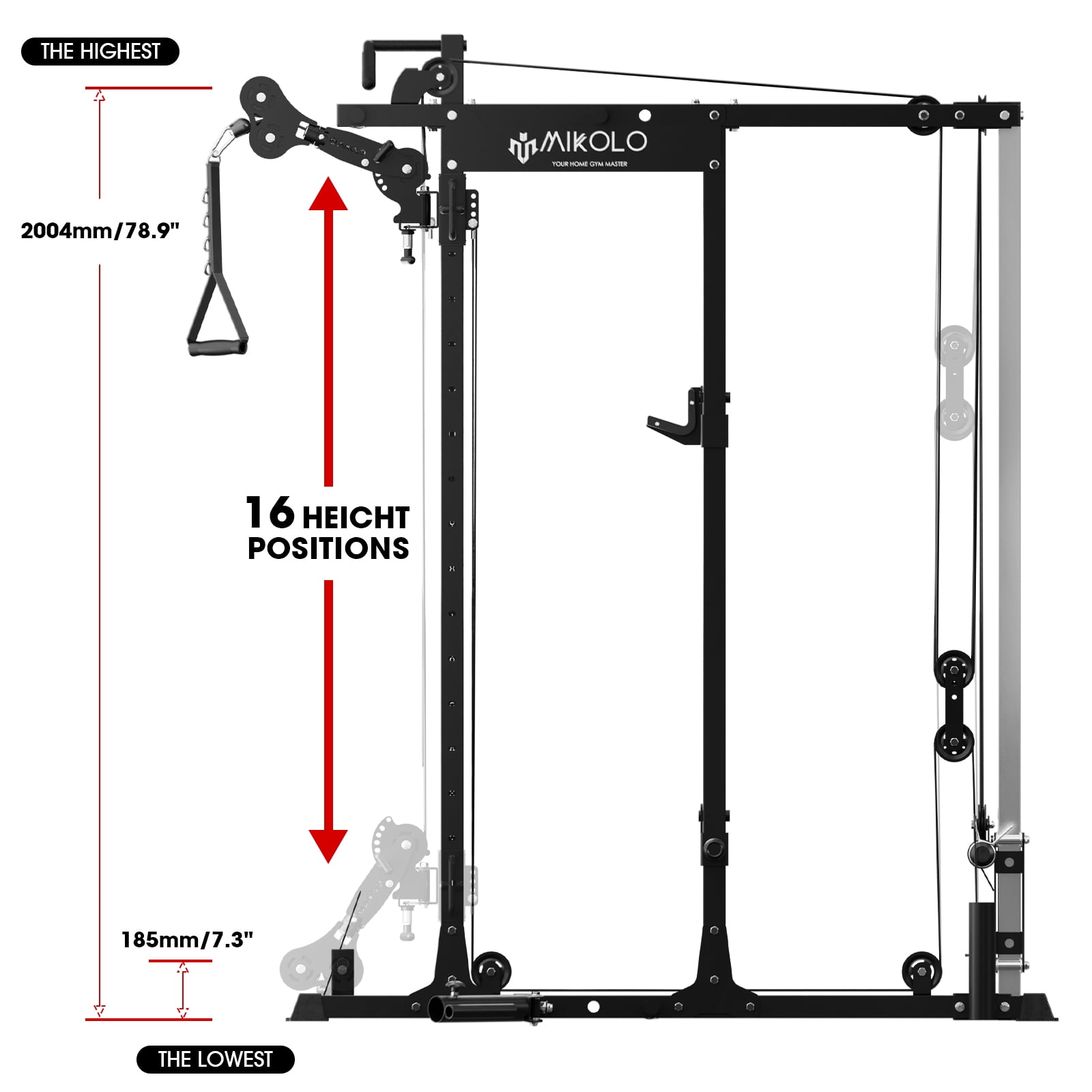 Mikolo Power Rack Cage, 1500 lbs Weight Rack with Cable Crossover Machine, Multi-Function Squat Rack with J Hooks, Dip Bars and Landmine for Home Gym (Black) Functional Trainer Arm