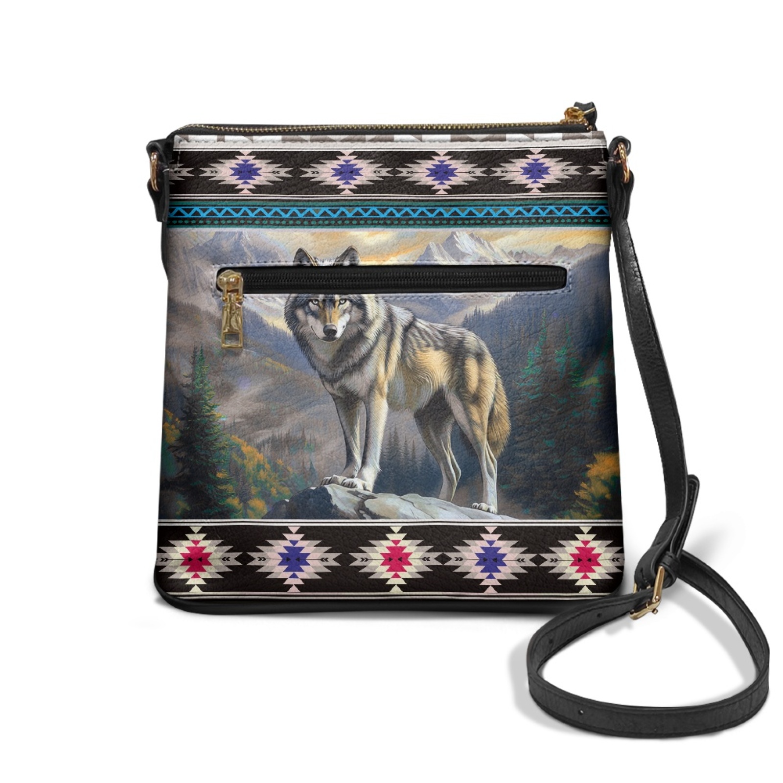 LedBack Wolf Print Women Crossbody Bags Leather Hobo Purse Aztec Sling Satchel Purse Multi Pockets Shoulder Handbag with Adjustable Strap for Travel Shopping, Blue