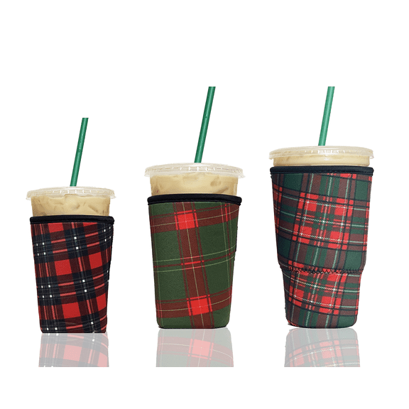 3-Pack (16-32oz) Reusable Neoprene Insulator Sleeve for Iced Coffee or Cold Beverage Cups (Plaid)