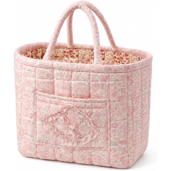 Quilted Basket, Cotton Car Storage Organizer with Handles and Front Pocket