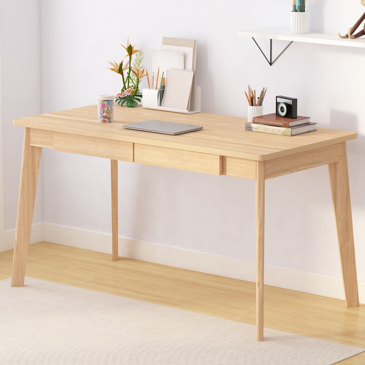 KULAGAGA Modern Simple Style 47.2"*21.6" PC Desk Computer Desk with Solid Wood Legs, Home Office Study Writing Table Workstation, Oak